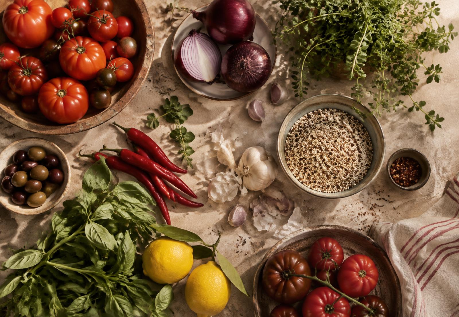 Fresh market produce laid out on a cream paper surface